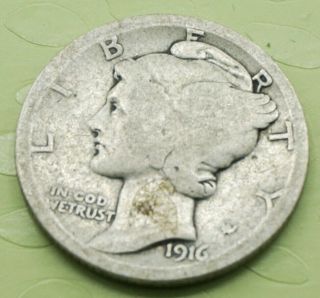 1916 - D Us Mercury Dime 10c Tough Key Date Very Good Coin 254