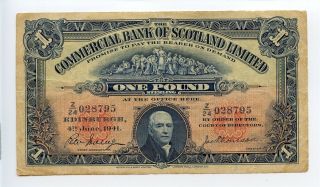 Commercial Bank Of Scotland One Pound Sterling 1941 Scarce Bank Note Aa0512