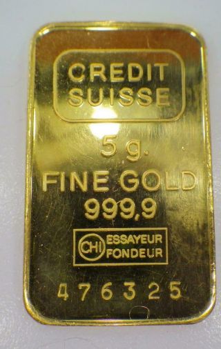 (5) Five Grams Bar 24k Pure Gold Credit Suisse 999.  9 Bullion Certified