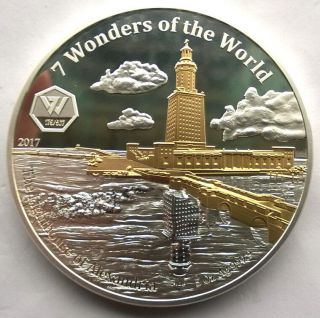 Ghana 2017 Lighthouse Of Alexandra 5oz Gold Plated Silver Coin,  Proof