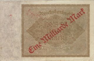 1923 1 BILLION MARK GERMANY CURRENCY REICHSBANKNOTE GERMAN BANKNOTE BILL NOTE 2