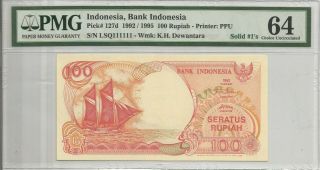 Solid 1 Bank Indonesia 127d 1992/1995 100 Rupiah Pmg 64 Choice Unc