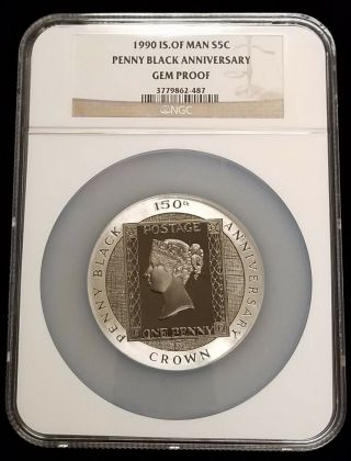 1990 Isle Of Man 5 Oz Silver Pearl Black Penny 5 Crown Proof Coin Ngc Gem Proof