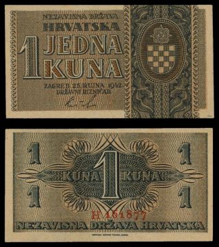 Ze.  014} Croatia 1 Kuna 1942 / 1 Letter / Ustasa Wwii Germany Italy Ally / Unc