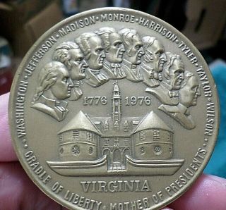 1776 - 1976 Virginia Large Bronze Medal,  Cradle Of Liberty,  Mother Of Presidents