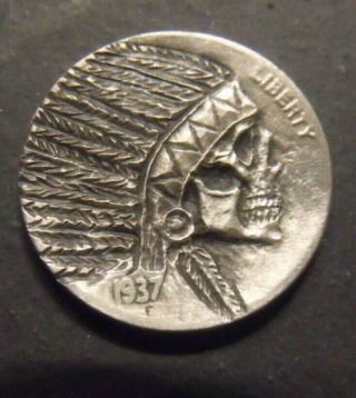 Hand Carved Hobo Nickel Chief Skull Unsigned 37 3