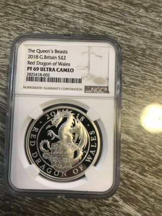 2018 Queen’s Beast Red Dragon Of Wales 1 Oz.  Proof Ngc Pf 69 Ultra Cameo