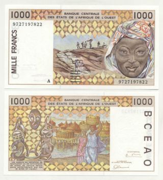 West African States,  Ivory Coast 1000 Francs,  1997,  Unc,  P.  111ag