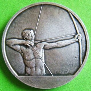 Art Deco Nude Man With Bow & Arrow Archery Sports Award Silver Medal By Fraisse