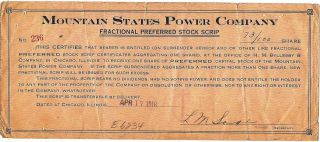 Mountain States Power Company Fractional Stock Scrip,  1918 Chicago Illinois
