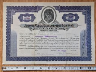 Jerome Verde Development Company Stock Certificate 1924 Delaware Mining Vignette