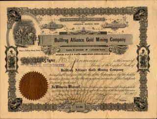 Bullfrog Alliance Gold Mining Company 1907 Stock Certificate