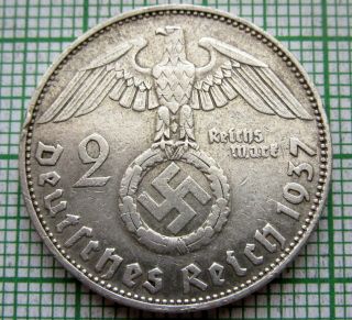 Germany Third Reich 1937 D 2 Reichsmark Hindenburg Swastika Silver