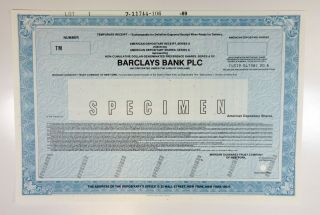 England.  Barclays Bank Plc. ,  1989 Odd Depositary Shrs Specimen Certificate - Blue