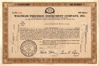 Stock Certificate 100 Shares Waltham Precision Instrument Company,  Inc.  1923