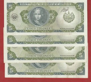 El Salvador 4 Notes 5 Colones 1990 - Xf Scarce Note
