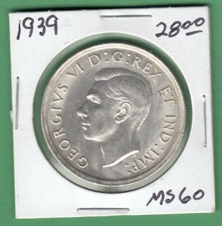 1939 Canadian One Silver Dollar Coin - Ms - 60