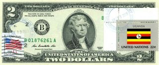 $2 Dollars 2013 Stamp Cancel Flag Of Un From Uganda Lucky Money Value $99.  95