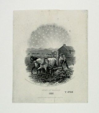 Abn Proof Vignette " Arms Of Kansas " 1871 Intaglio Cu Black Abnc