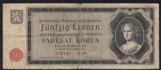 1940 50 Kronen Czechoslovakia Wwii Old Money Banknote German Occupation P 5a Vg