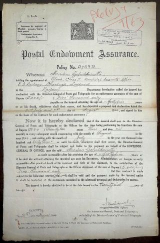 India 1944 Post Office Life Insurance Policy “postal Endowment Assurance”