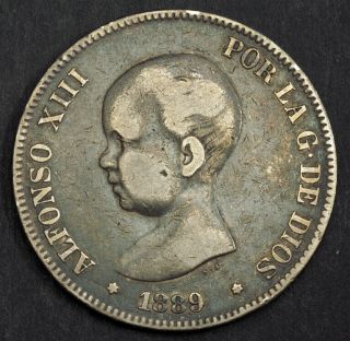 1889,  Kingdom Of Spain,  Alfonso Xiii.  Large Silver 5 Pesetas Coin.  Axf -