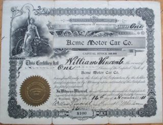 1911 Car/automobile Stock Certificate Number 1: 