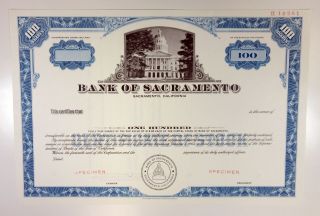 Ca.  Bank Of Sacramento,  1960s 100 Shrs Specimen Stock Certificate,  Xf Scbnc