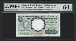 1959 Malaya & British Borneo $1 Dollar,  Pmg 64 Epq Unc P - 8a Tdlr Scarce W/ Epq