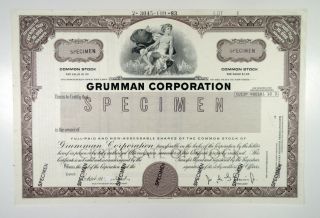 Ny.  Grumman Corp.  1989 Specimen Stock Certificate,  10,  000 Shares Vf Abn Repair