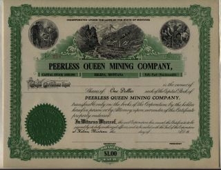 Peerless Queen Mining Company Stock Certificate Helena,  Montana