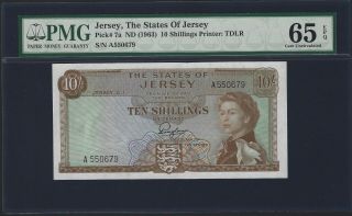 1963 Jersey 10 Shillings,  A - Prefix,  Pmg 65 Epq Gem Unc,  P - 7a Example Qeii