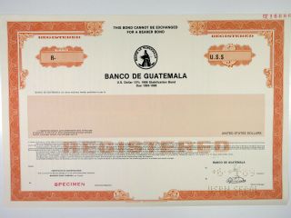 Banco De Guattemala,  1989 Registered 10 Specimen Bond,  Xf - Peach