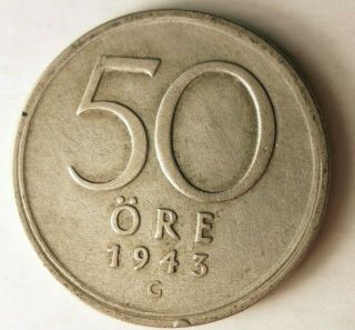 1943 Sweden 50 Ore - Great Collectible - - Sweden Silver Bin B