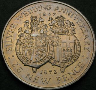 Gibraltar 25 Pence 1972 - Silver Wedding - Aunc - 1595 ¤