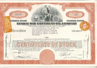 1955 Stock Certificate 10 Shares Sunray Mid - Continent Oil Company No 026578