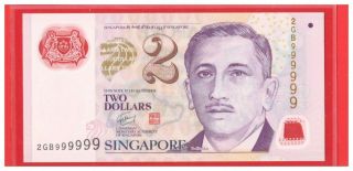 Singapore $2 Portrait Polymer Gct Solid No.  Note 2gb 999999 P - 46d Unc