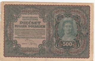 500 Marek Vg - Fine Banknote From Poland 1919 Pick - 28