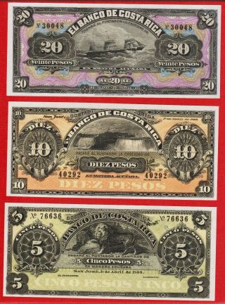 Costa Rica 1899 5 10 20 Pesos Remainder Banknote Set S163r S164r S165r Unc Abnc