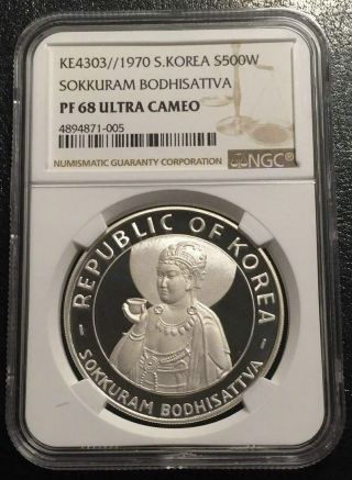 South Korea 1970 Bodhisattva Sokkuram 500 Won Silver Ngc Pf68uc