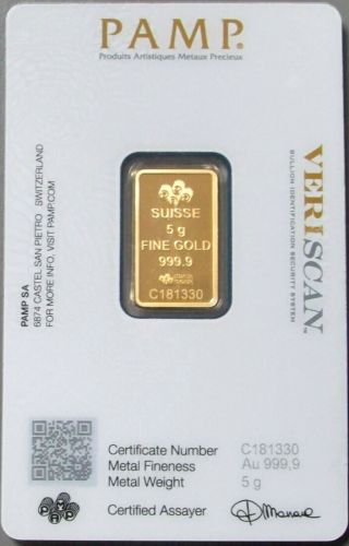 PAMP SUISSE 5 GRAM GOLD BAR FORTUNA 999 FINE IN ASSAY CARD 2
