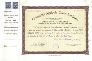 Peru 1933 Agricola Otero Agricultural 1000 Soles Uncancelled Revenue Issued 100