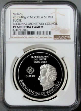 2013 Silver Venezuela Regional Monetary Council 40 Grams Sucre Ngc Proof 69 Uc