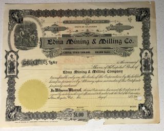 State Of California Edna Mining & Milling Co Stock Certificate Shares 1930s