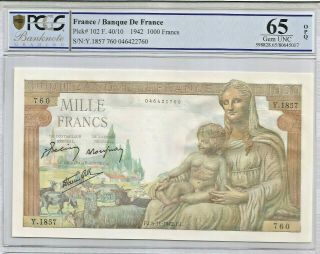France Fj 5 - 11 - 1942,  1000 Francs,  Pick 102f,  Pmg 65 Gem Unc Opq