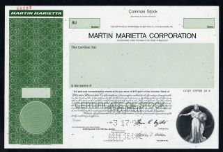 Md.  Martin Marietta Corp. ,  1993 Specimen Stock Certificate Xf Green Aerospace