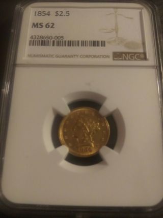 1854 $2 1/2 Liberty Head Gold Quarter Eagle.  Ngc.  Ms 62
