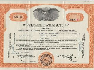 Old Stock Certificate - - " Consolidated Uranium Mines Inc " - - 500 Shares.  Item 6829