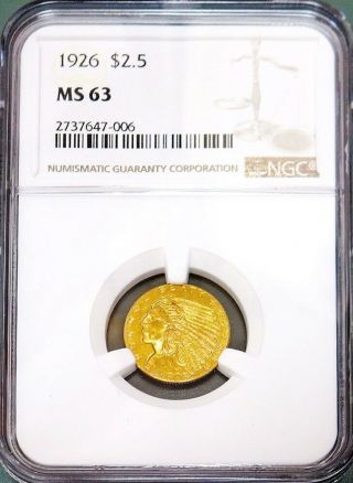 1926 Gold United States $2.  5 Indian Head Quarter Eagle Coin Ngc State 63