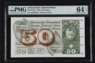 1973 Switzerland National Bank 50 Franken Pick 48m Pmg 64 Epq Choice Unc